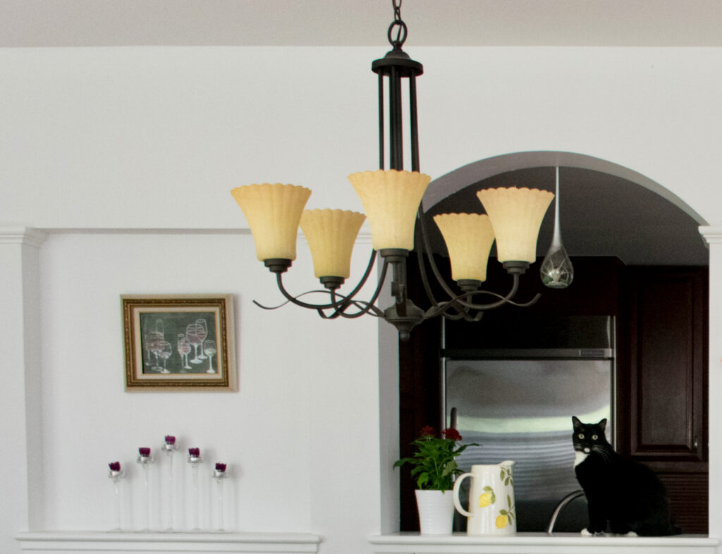 A Sherwin-Williams Extra White dining room with black chandelier and accents.