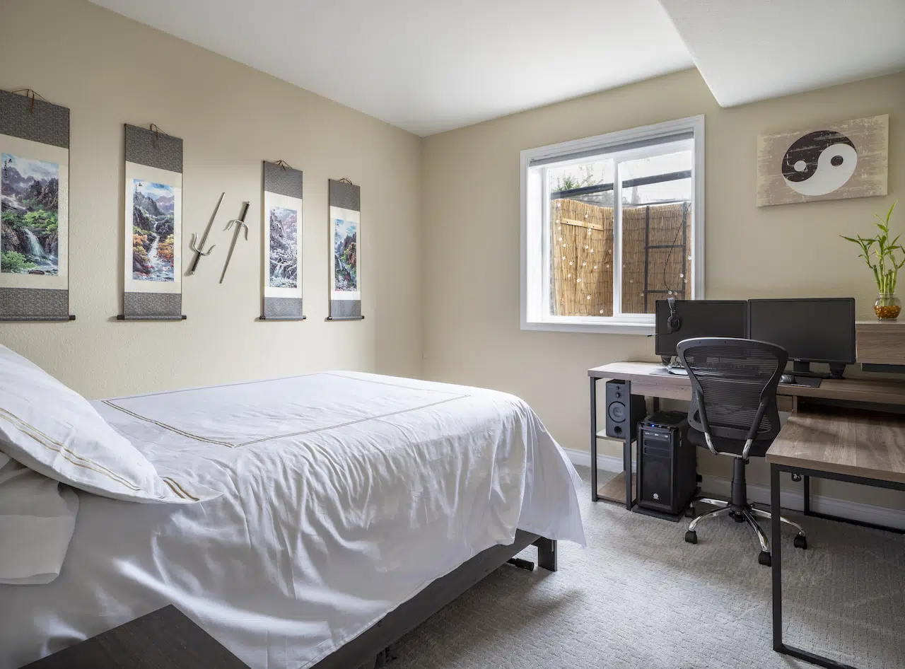 A Benjamin Moore Manchester Tan basement bedroom
