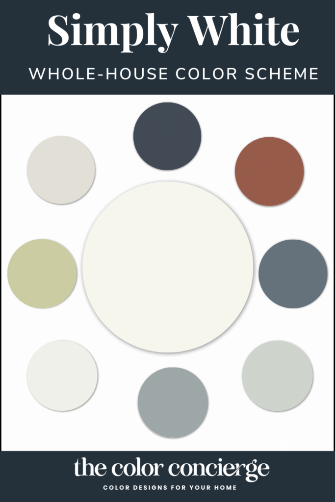 A graphic of 9 colored circles, all representing colors in the Benjamin Moore Simply White color palette.