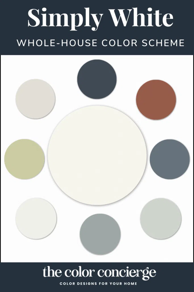 A graphic of 9 colored circles, all representing colors in the Benjamin Moore Simply White color palette.