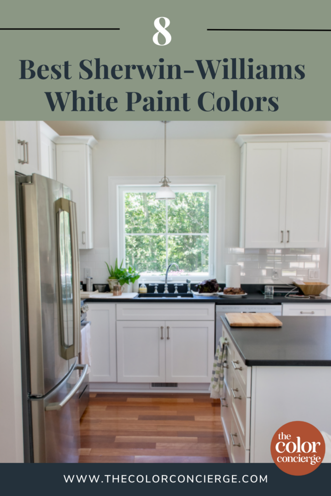 A kitchen is painted with Sherwin-Williams white paint.