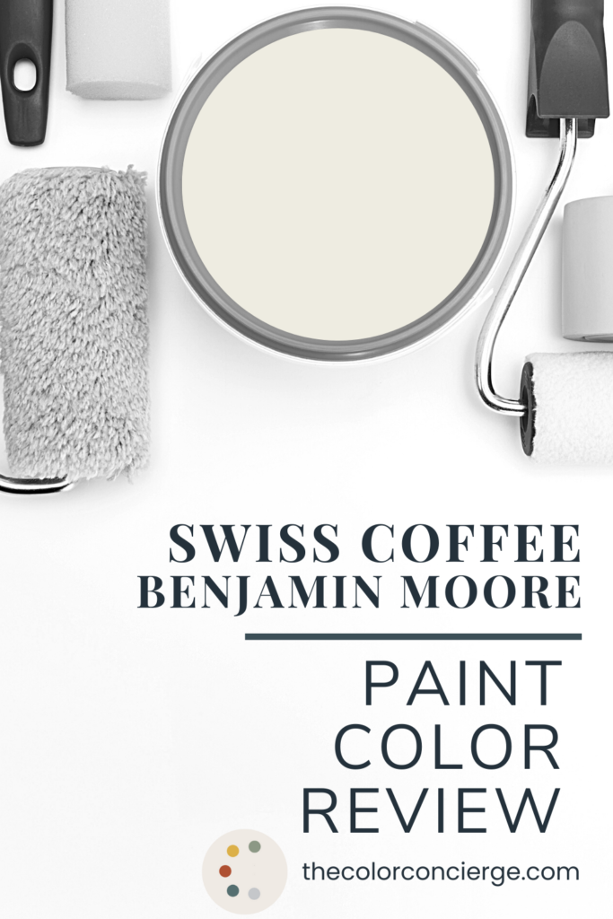 A bucket of paint with Benjamin Moore Swiss Coffee paint inside