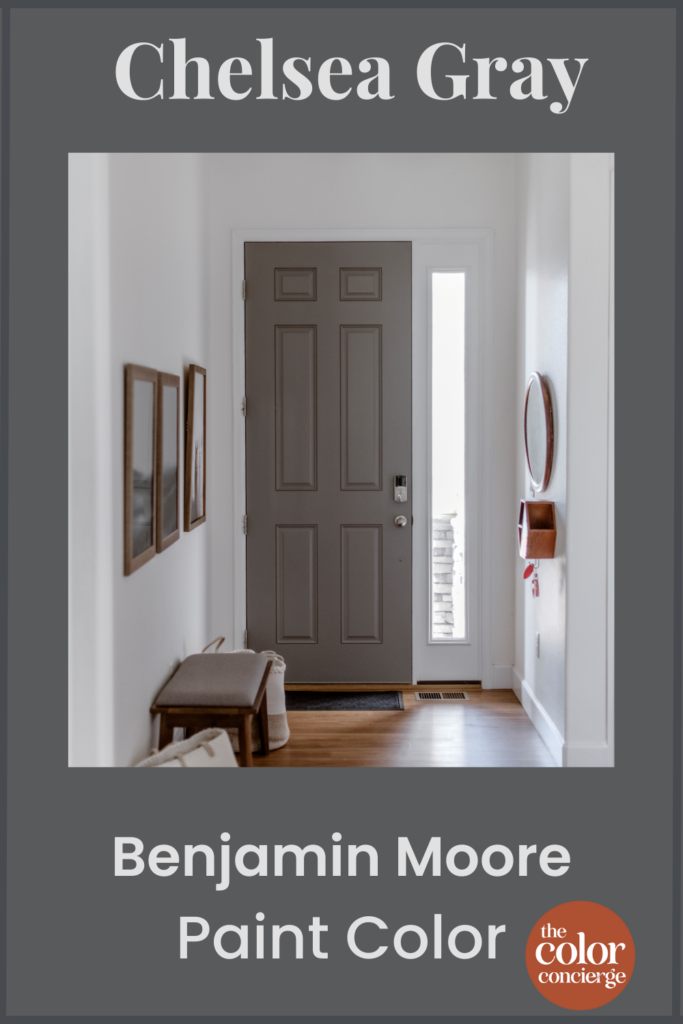 A Chelsea Gray front door is pictured in a graphic with text