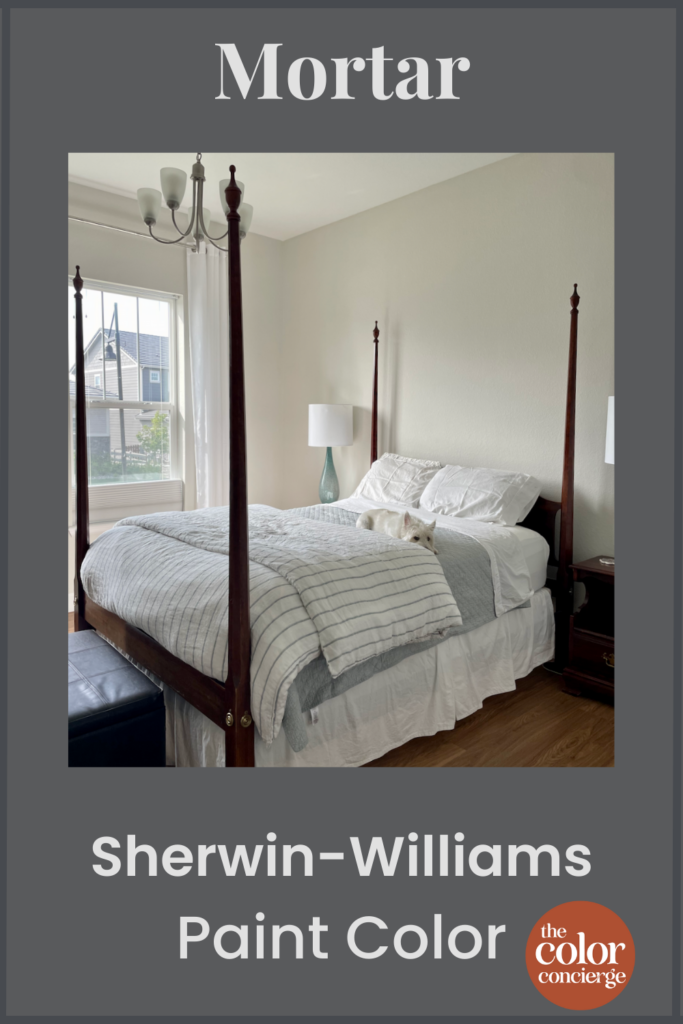A bedroom is painted with SW Mortar paint and pictured in a graphic.