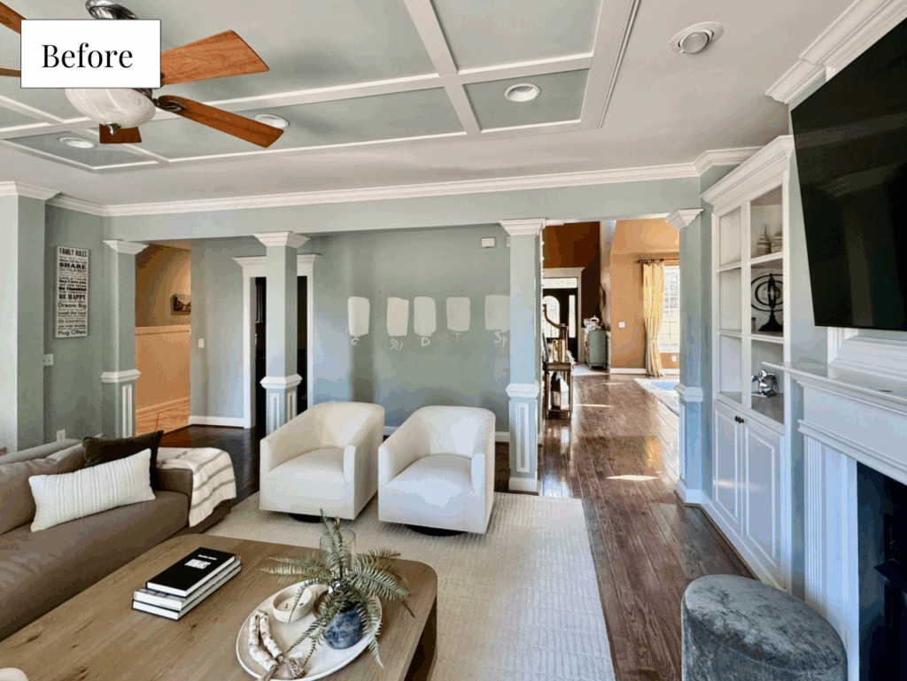 Before photo of a living room with paneled ceiling
