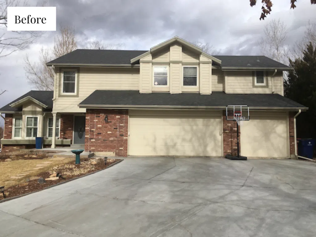 A home with beige paint and red brick exterior before paint transofrmation