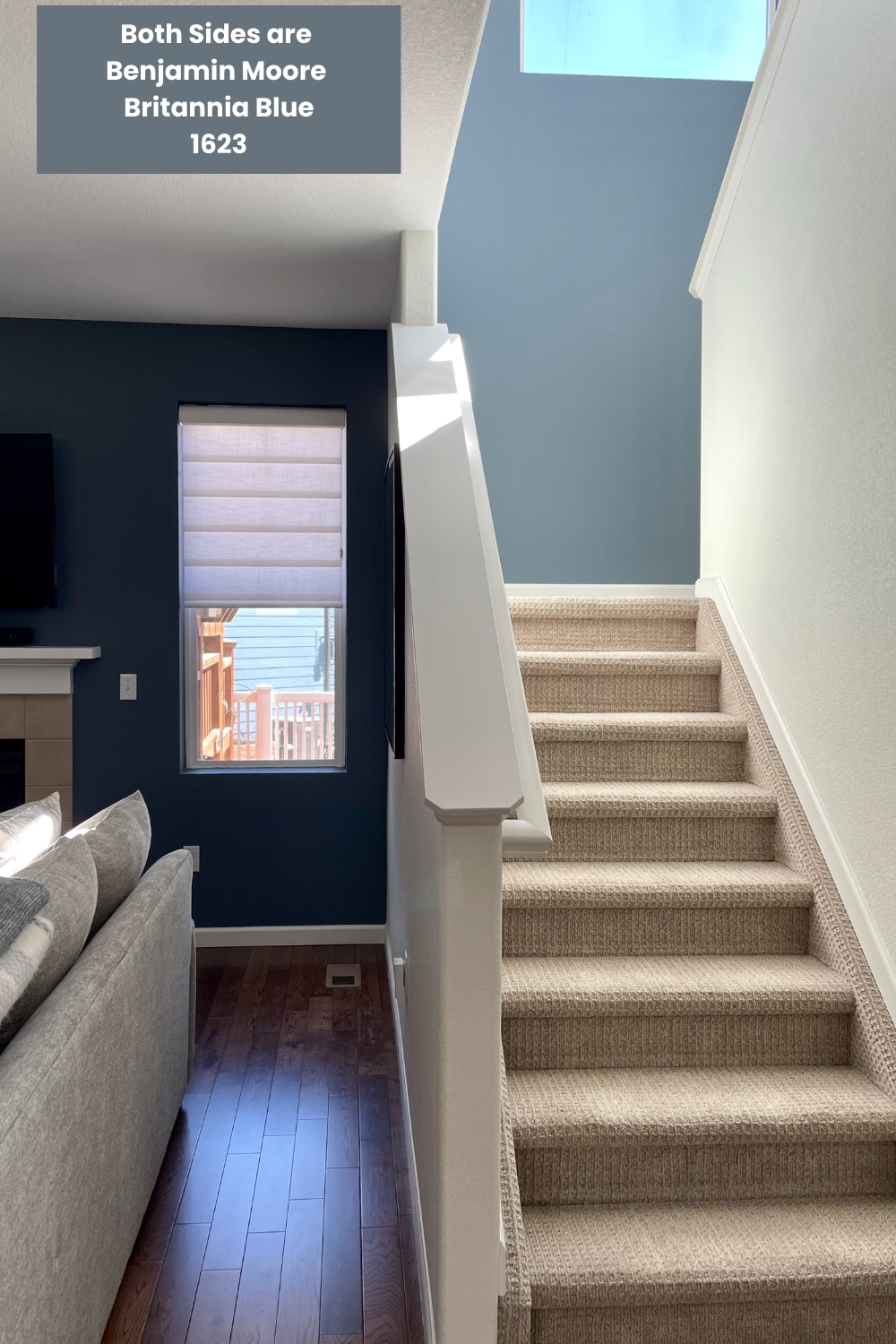 Photo of two areas painted with Britannia Blue