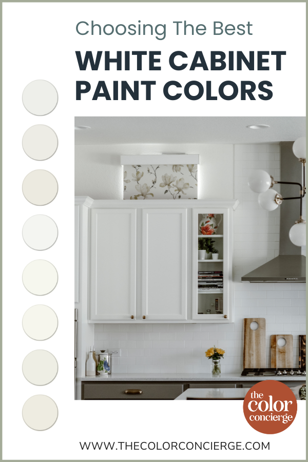 A graphic of paint swatches of the best white paint colors for kitchen cabinets and a picture of a white kitchen
