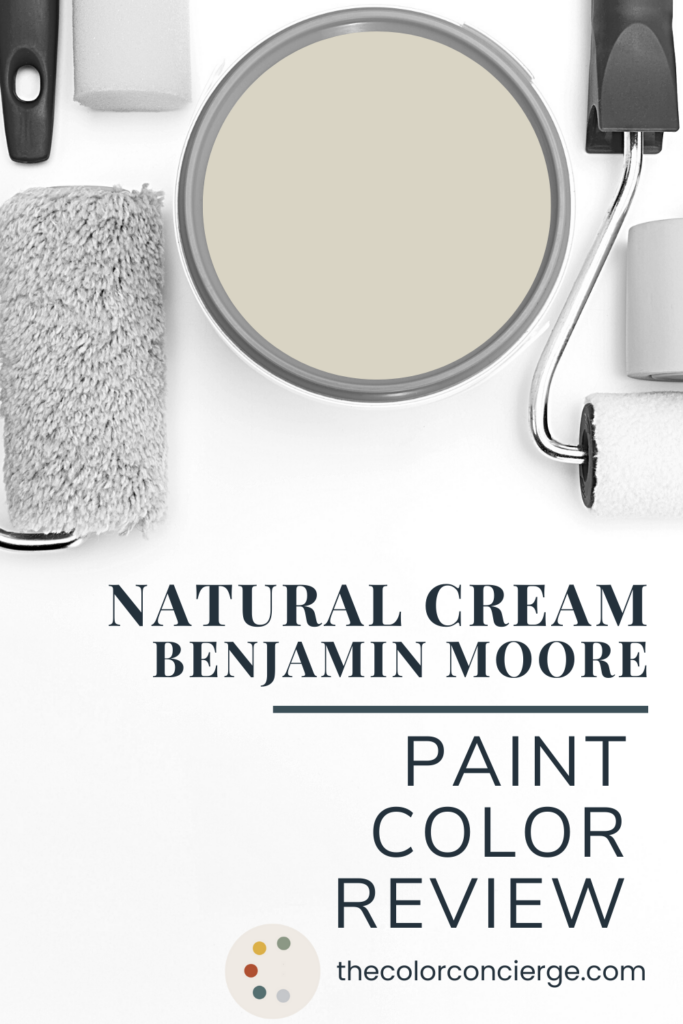 A paint can full of Benjamin Moore Natural Cream paint