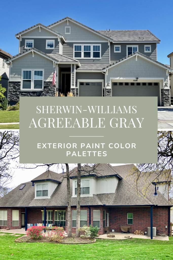 An image of two Sherwin-Williams Agreeable Gray exterior paint color palettes