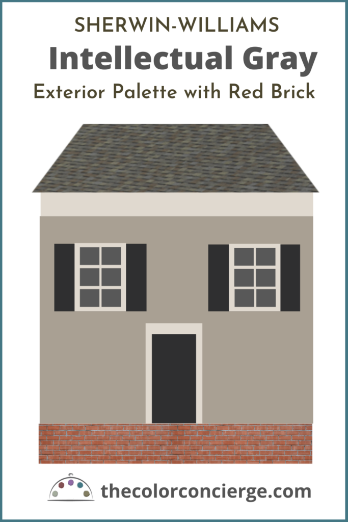 A mock-up of a Sherwin-Williams Intellectual Gray exterior color palette with red brick