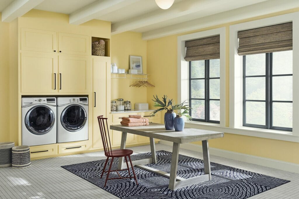 Laundry room walls painted with Friendly Yellow