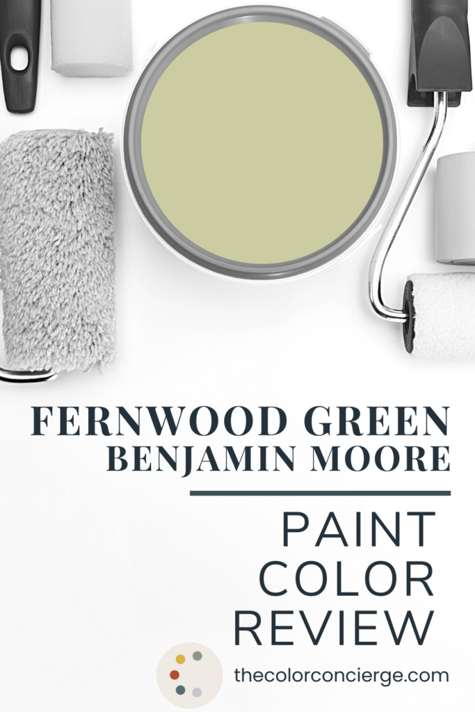 A paint can full of Benjamin Moore Fernwood Green paint