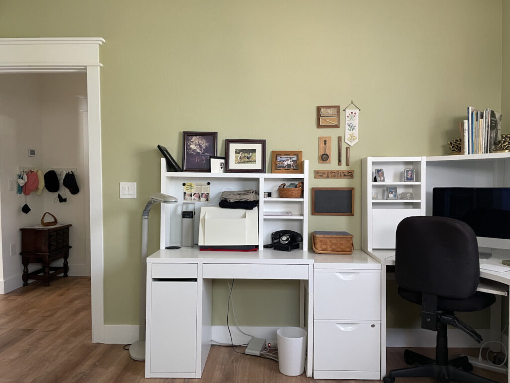 An office is painted with Benjamin Moore Fernwood Green.