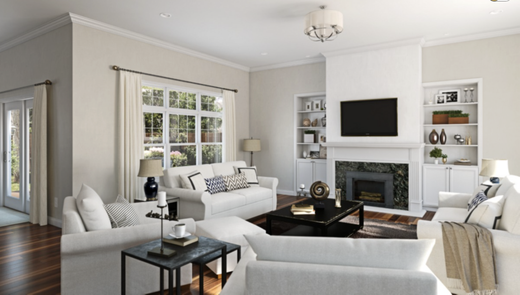 A neutral living room painted with SW Drift of Mist