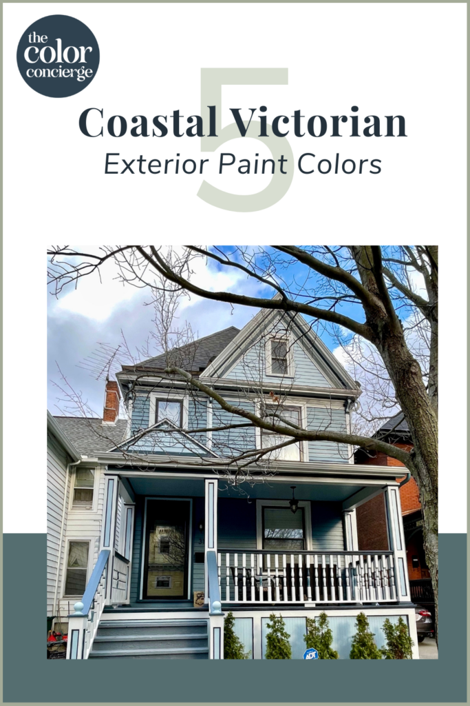 A home is painted with a coastal Victorian exterior paint color palette. 