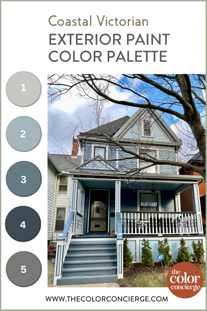 A home is pictured next to 5 paint swatches that are part of a coastal Victorian exterior paint color palette.