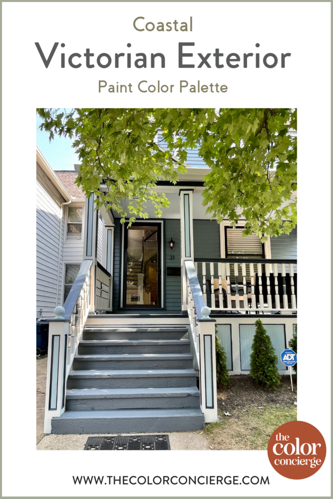 A home features a coastal Victorian exterior paint color palette