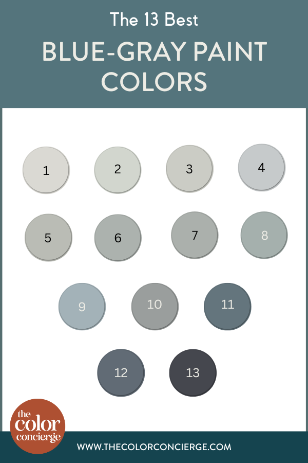 A series of 13 paint swatches of blue-gray paint colors.