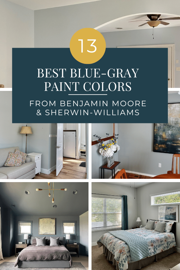 A collage of images of spaces with blue-gray wall paint.