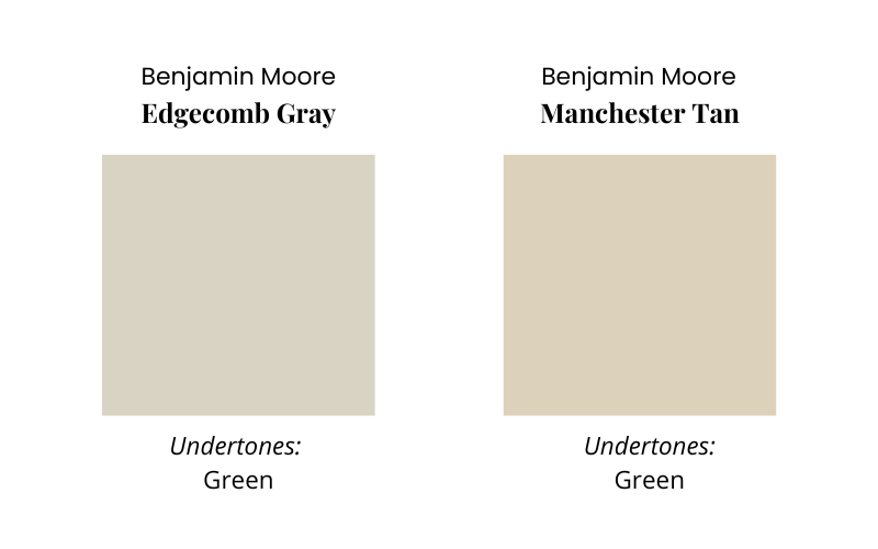 A graphic comparing BM Edgecomb Gray vs BM Manchester Tan
