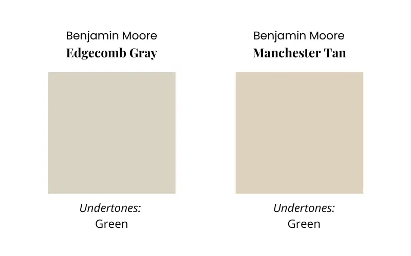 A graphic comparing BM Edgecomb Gray vs BM Manchester Tan