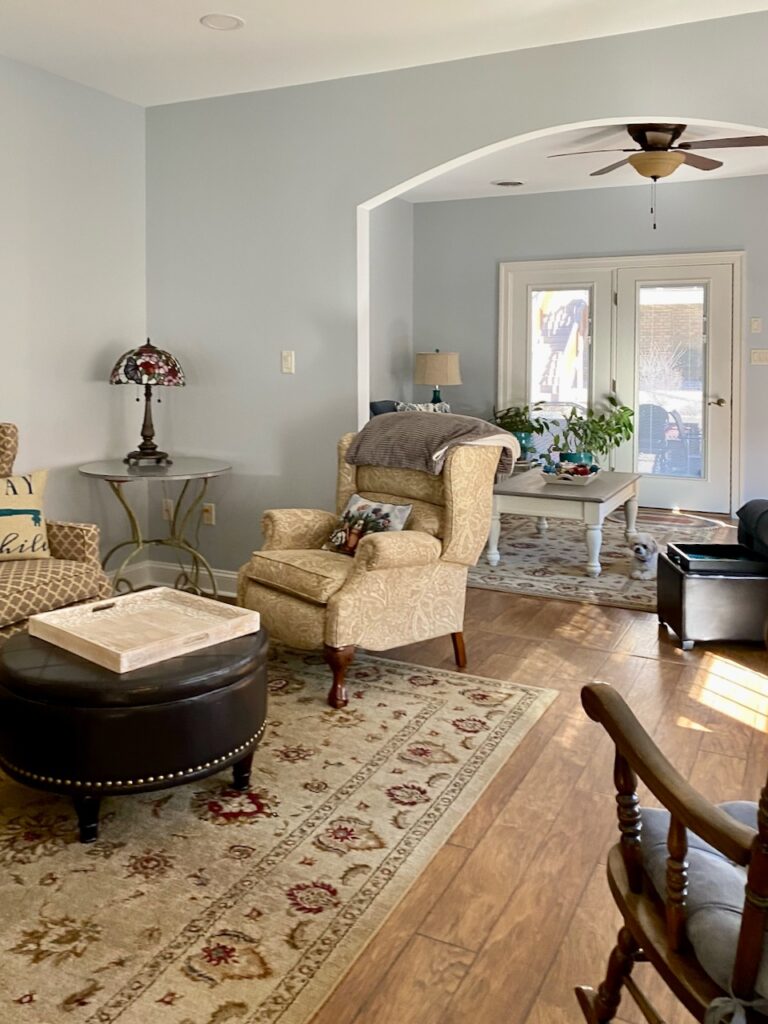 A living room is painted with Sherwin-Williams Gray Screen,