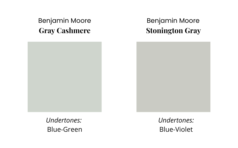 A graphic comparing the undertones of two blue-gray paint colors, Gray Cashmere and Stonington Gray.