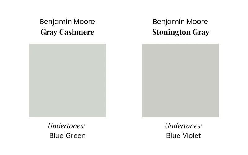 A graphic comparing the undertones of two blue-gray paint colors, Gray Cashmere and Stonington Gray.