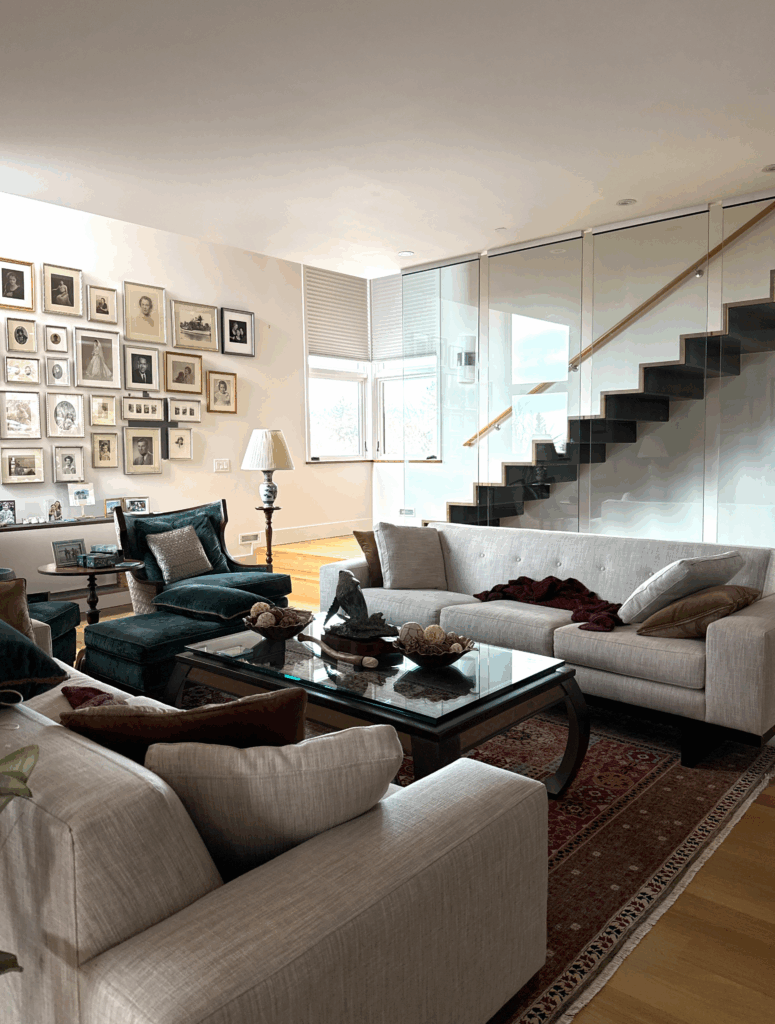 A basement living room painted with BM Seapearl