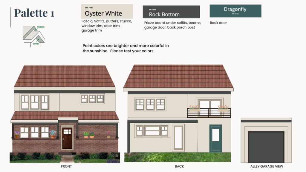 An illustrated mock-up of a Sherwin-Williams Oyster White color scheme for red brick homes.