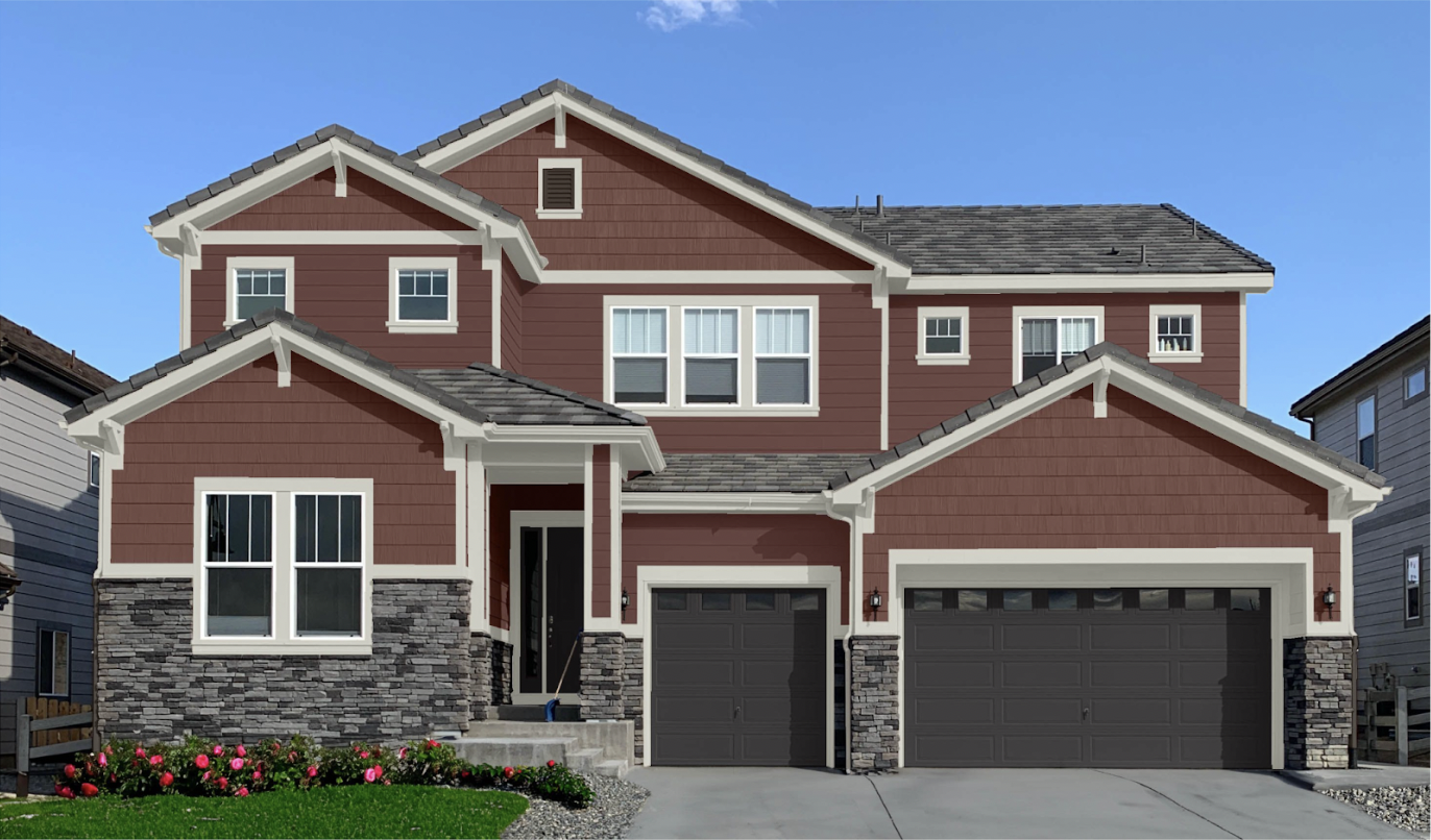 A home features exterior paint colors that go with gray stone, including SW Carriage Door and Deep Forest Brown garage doors.