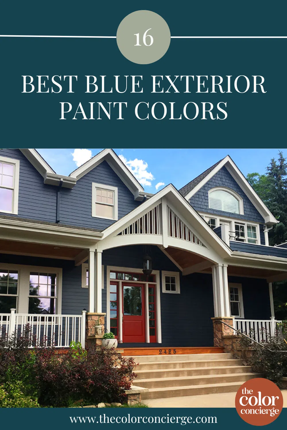 A home features a blue exterior color palette