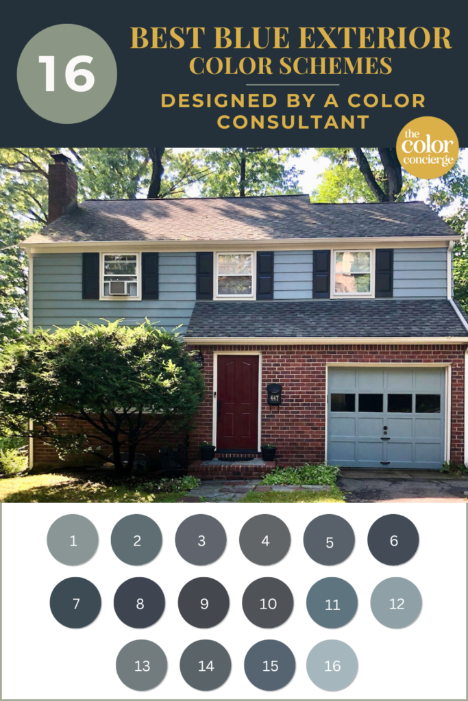 A home featuring blue exterior color palette wtih swatches of blue exterior paint.