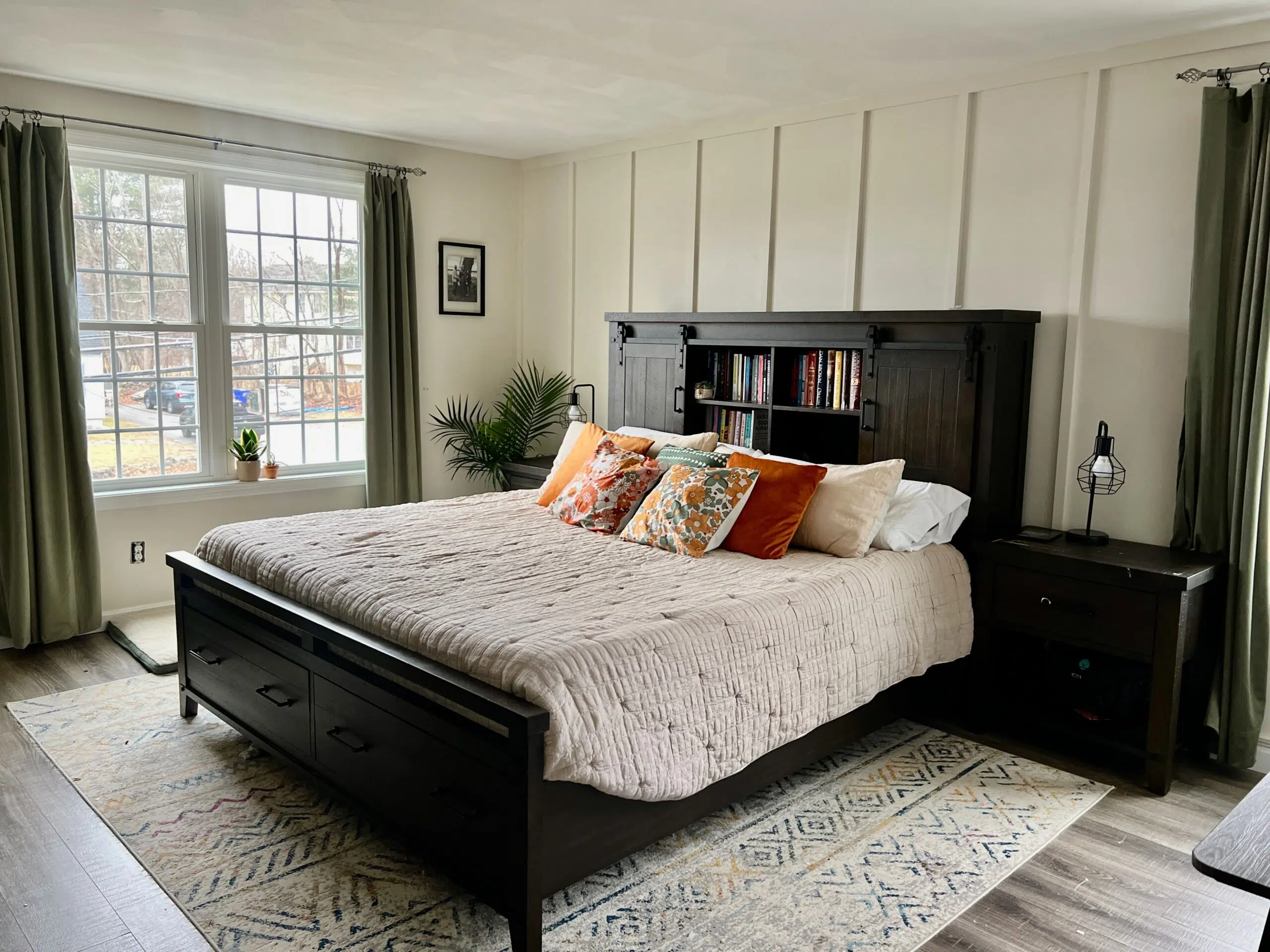 A master bedroom is painted with Sherwin-Williams White Duck