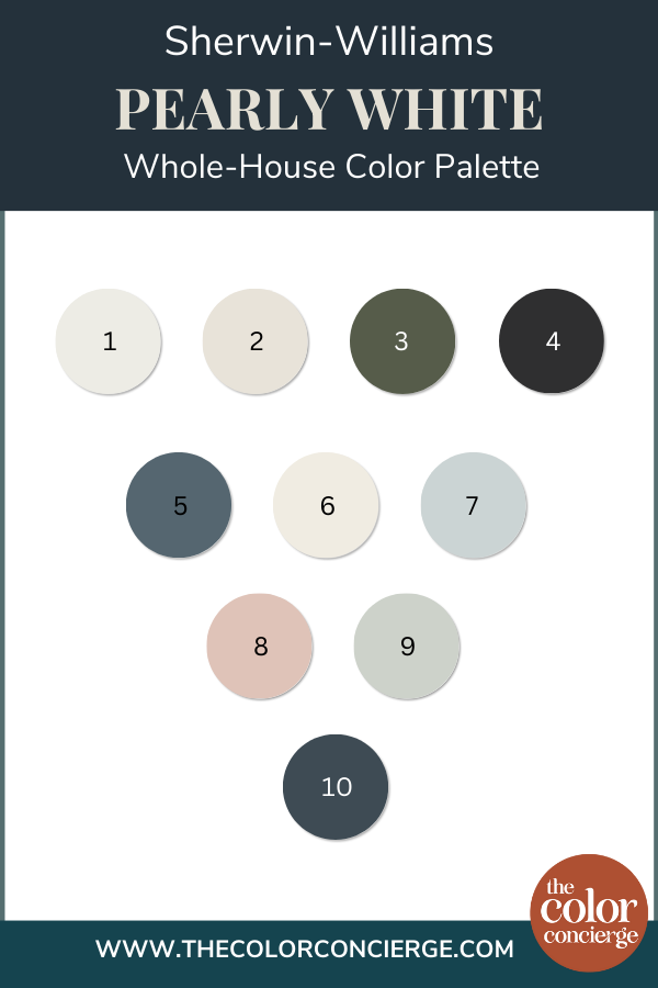 A series of paint swatches from the Sherwin-Williams Pearly White color palette