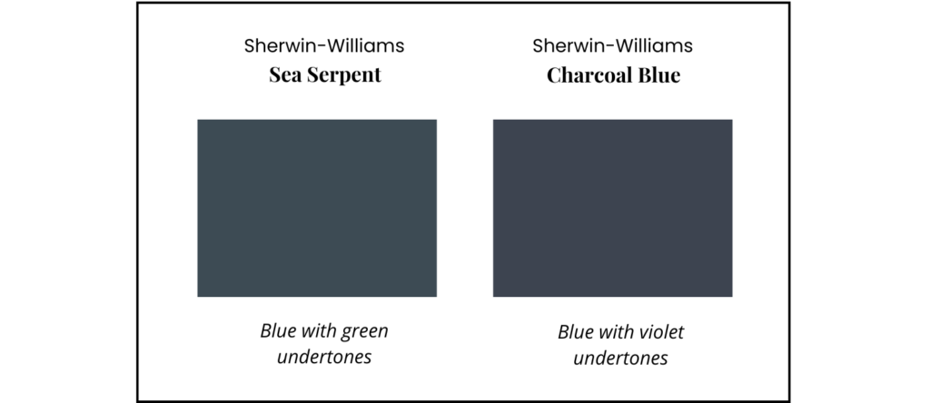 A comparison of two swatches of blue exterior paint