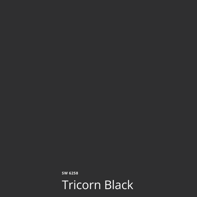 A color swatch of Sherwin-Williams Tricorn Black paint.