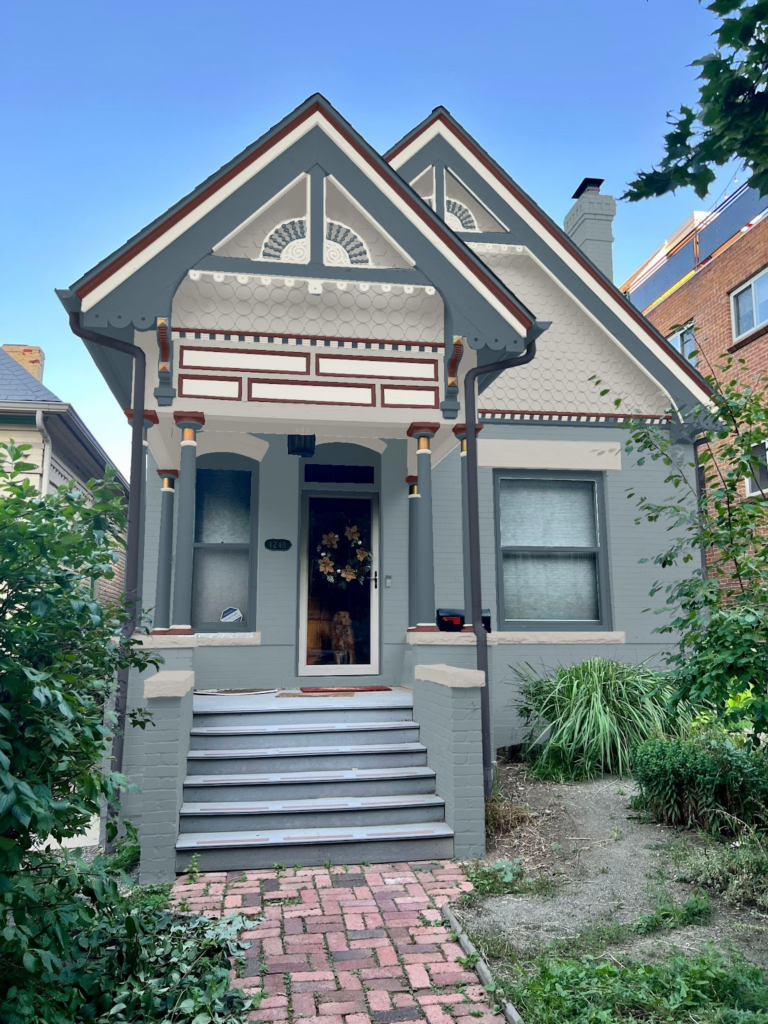 A home features a Sherwin-Williams Debonair Blue Exterior Color Palette.