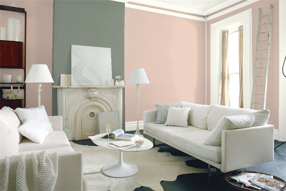 A room is painted with BM Odessa Pink wall paint in this mock-up.
