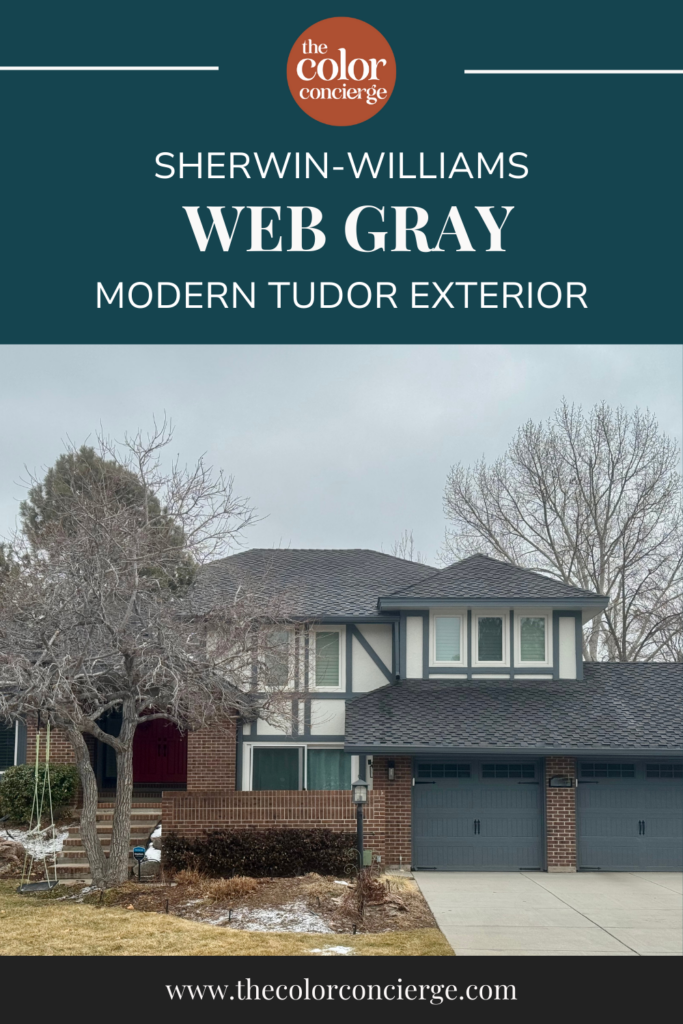 A modern Tudor home painted with SW Oyster White and SW Web Gray.