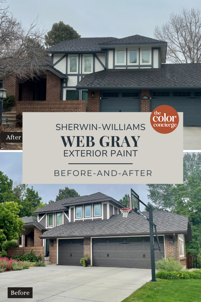 A before and after photo of a modern Tudor exterior color palette.