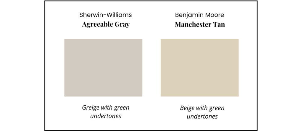 A greige, Agreeable Gray, is compared to a beige, Manchester Tan.