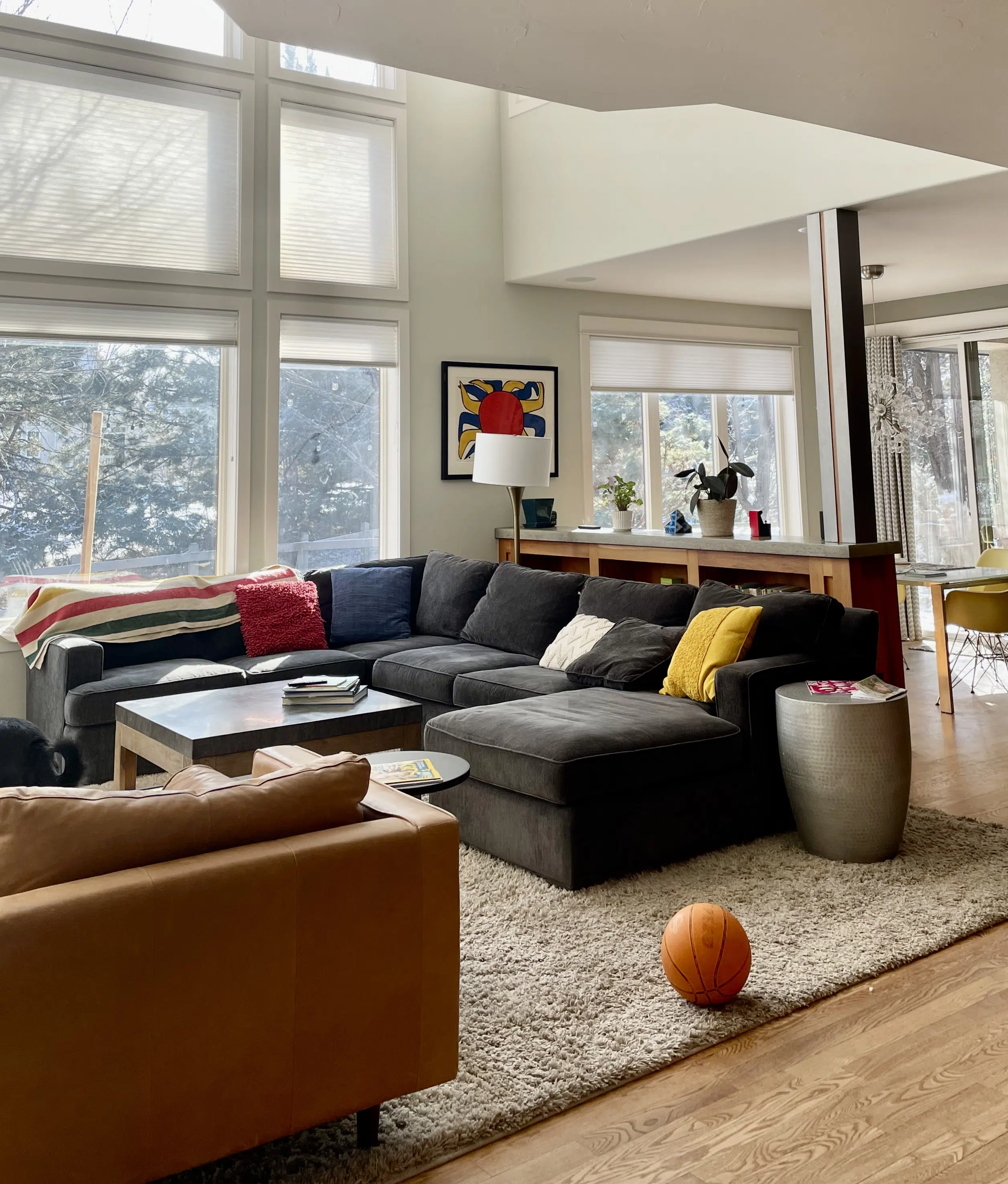 A living room is painted with Benjamin Moore Titanium paint.