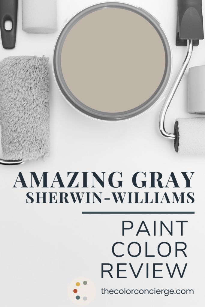 A bucket of Sherwin-Williams Amazing Gray paint with text