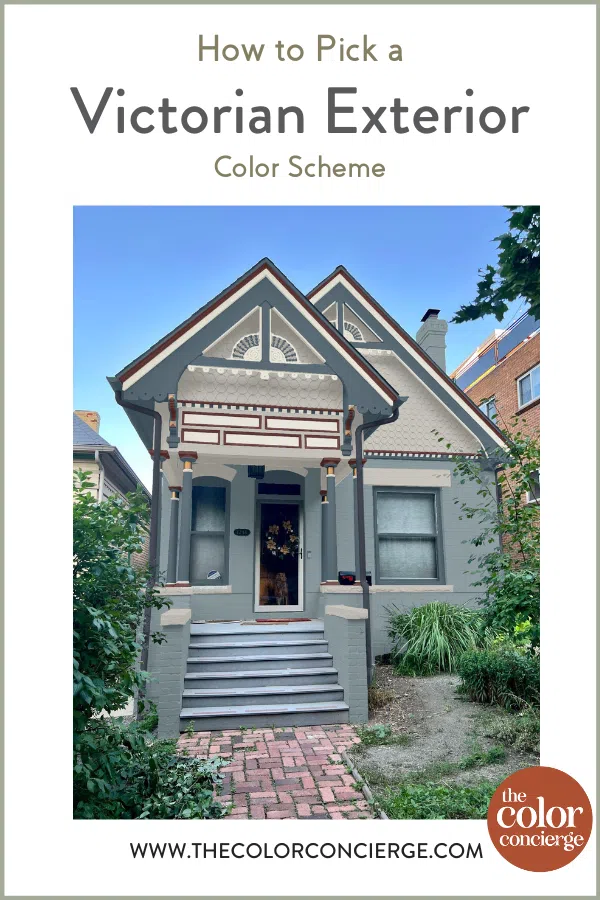 A photoshop rendering of a Victorian home with cool gray exterior paint color scheme