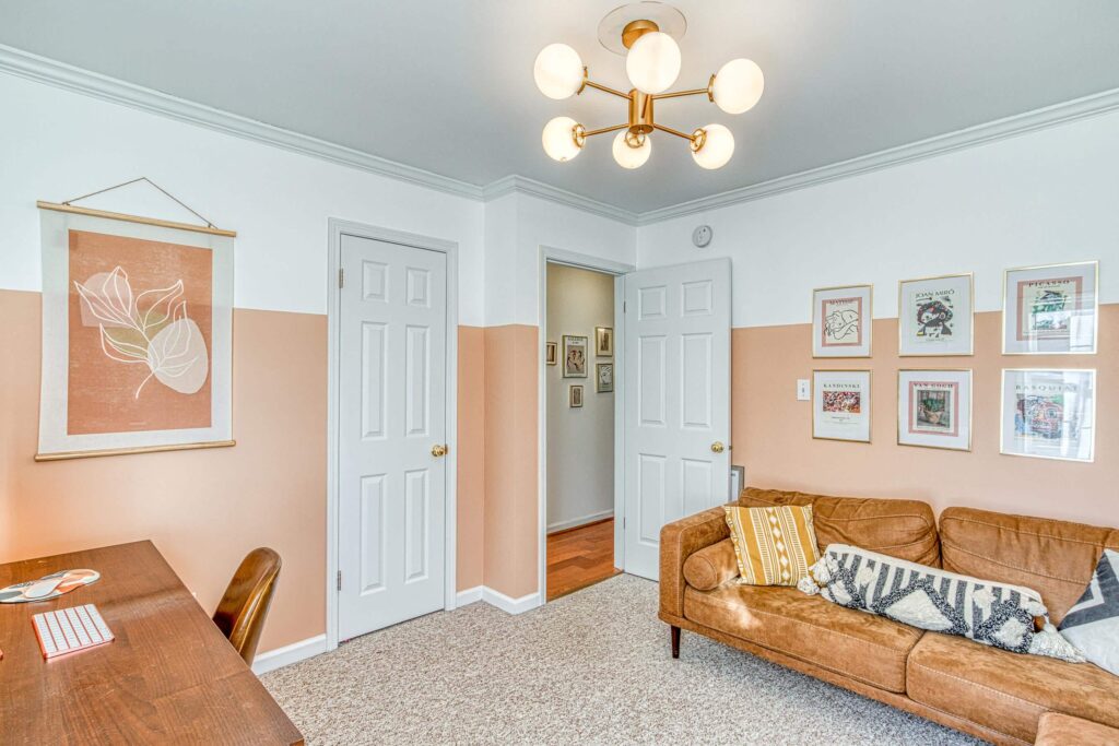 An office painted with SW Avid Apricot, one of the best pink paint colors for North-facing rooms.