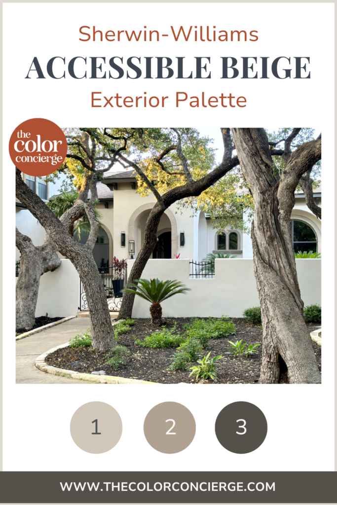 A home features a low-contrast Sherwin-Williams Accessible Beige exterior color scheme.