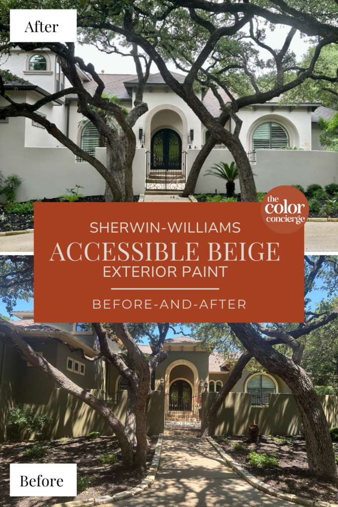 A home features Sherwin-Williams Accessible Beige exterior paint with before and after images