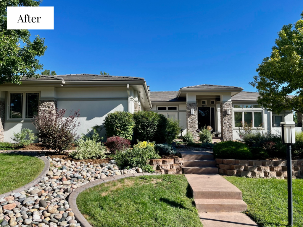 A home is painted with Sherwin-Williams Gossamer Veil and SW Fawn Bindle trim.